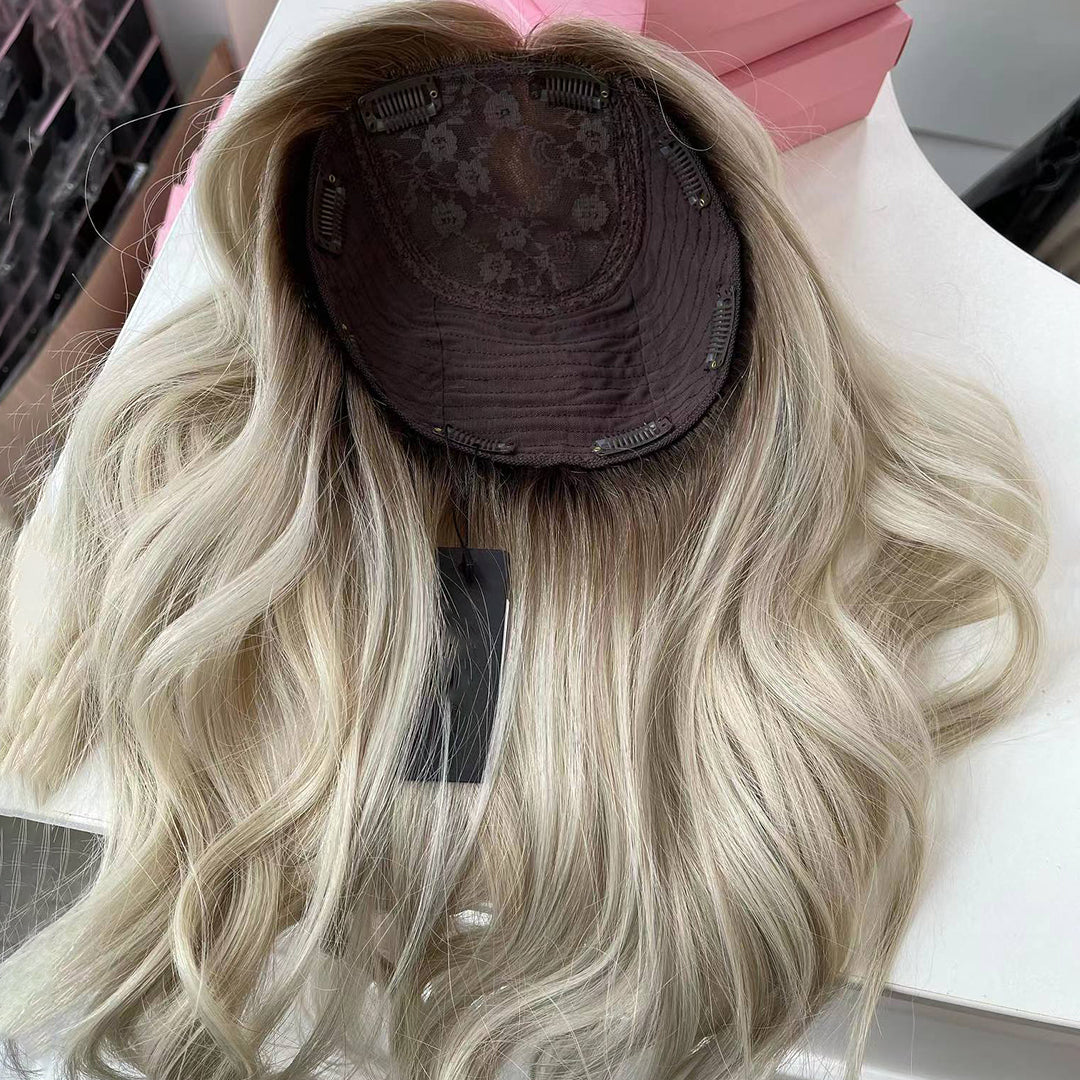 Lynnde - 8"*8"Silk Top Crown | Light Ash Blonde/Brown Balayage Hair Topper